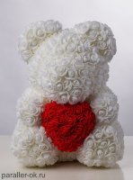 Мишка из роз с сердцем Белый 40 см