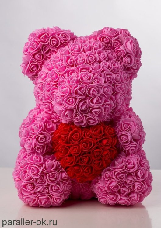 Мишка из роз с сердцем Розовый 40 см